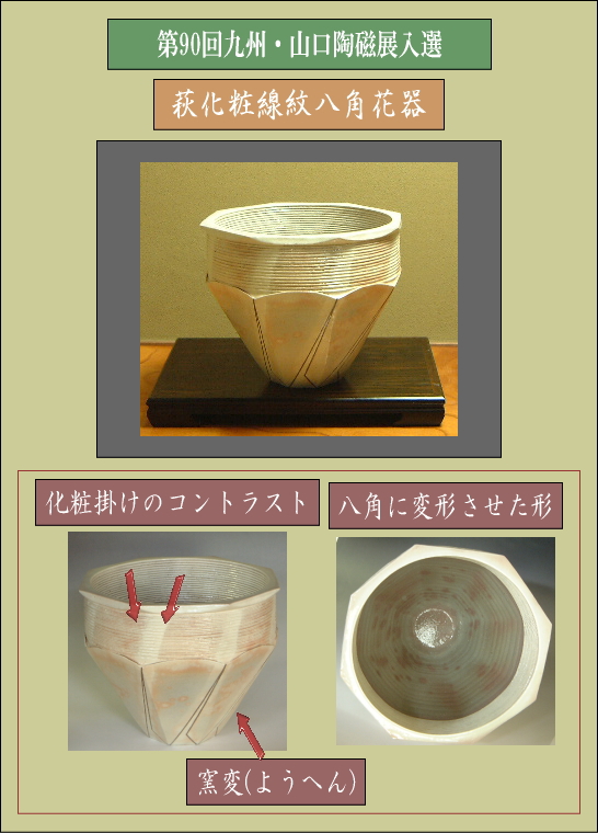 第90回九州山口陶磁展入選作品・萩化粧線紋八角壷の詳細説明