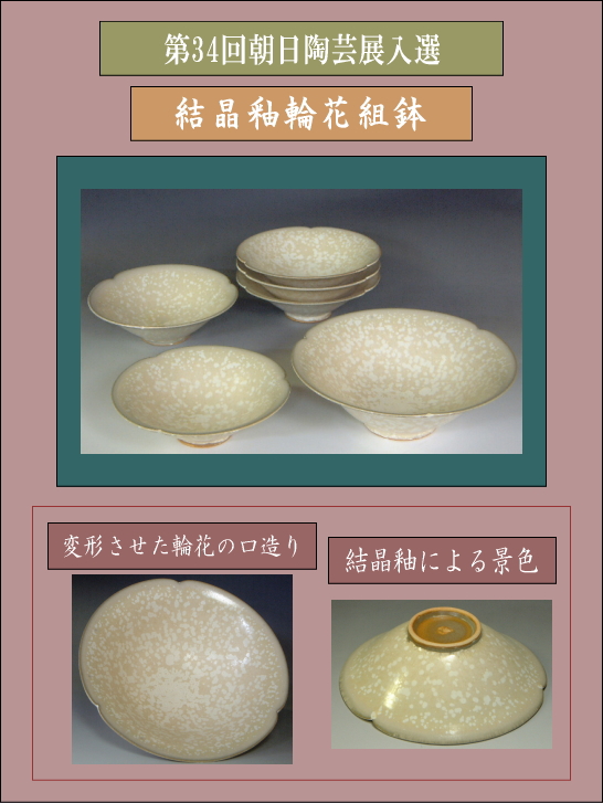 第34回朝日陶芸展入選作品・結晶釉輪花組鉢の詳細説明