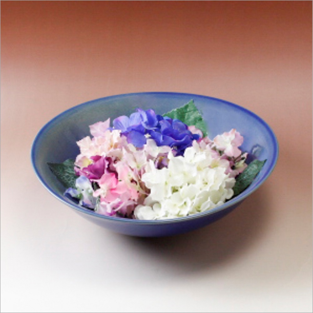 萩焼(伝統的工芸品)水盤藍釉末広