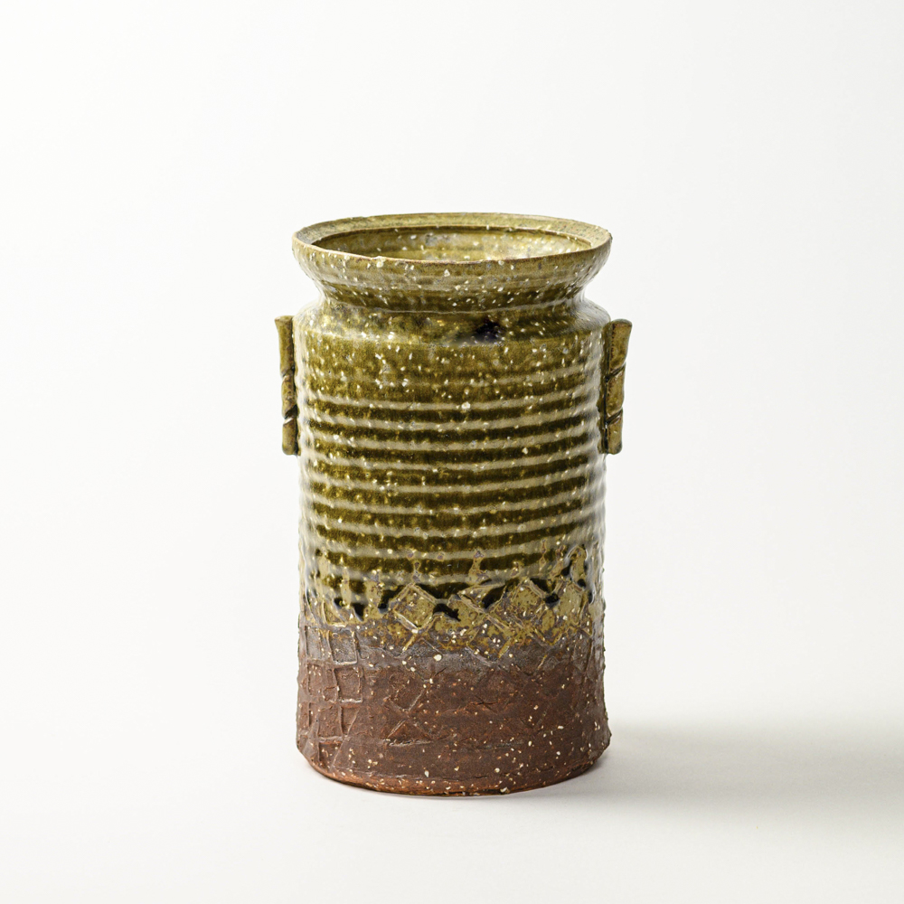 萩焼(伝統的工芸品)花器緑釉荒筒肩衝耳付叩き文