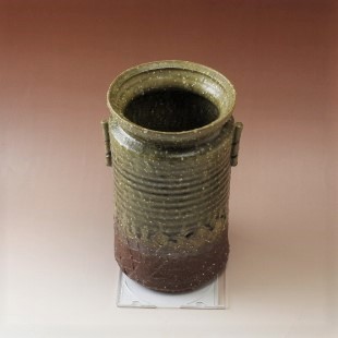 萩焼(伝統的工芸品)花器緑釉荒筒肩衝耳付叩き文