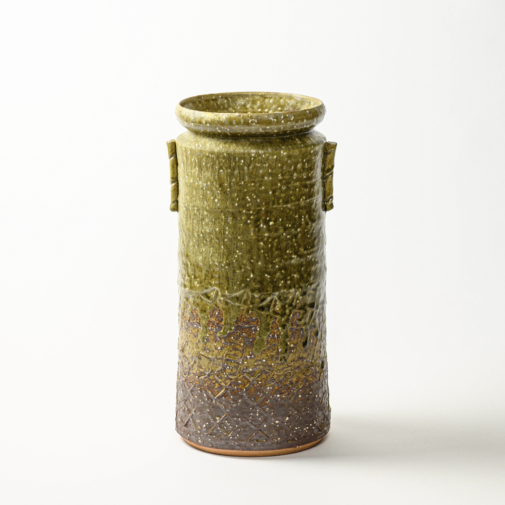 萩焼(伝統的工芸品)花器大緑釉荒筒肩衝耳付叩き文