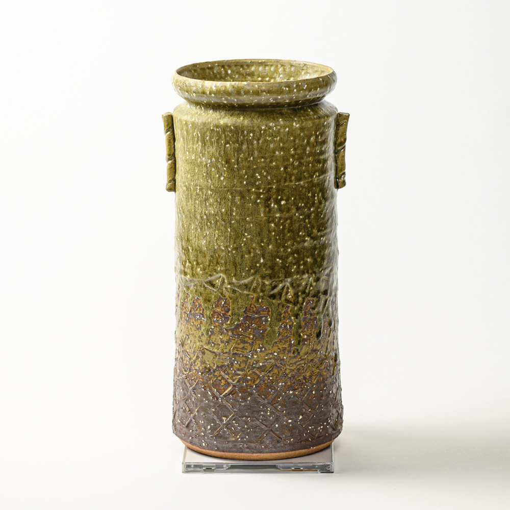 萩焼(伝統的工芸品)花器大緑釉荒筒肩衝耳付叩き文
