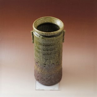 萩焼(伝統的工芸品)花器大緑釉荒筒肩衝耳付叩き文