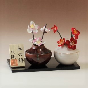 萩焼(伝統的工芸品)豆楽豆花入「紅白梅」2点(塗り板・立札付)