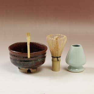 萩焼(伝統的工芸品)茶楽抹茶碗鉄赤釉荒半筒3点セット付