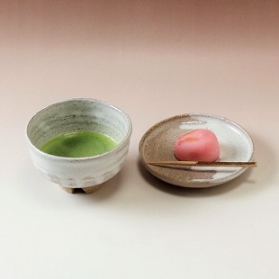萩焼(伝統的工芸品)茶楽抹茶碗白萩掛分け半筒3点セット付